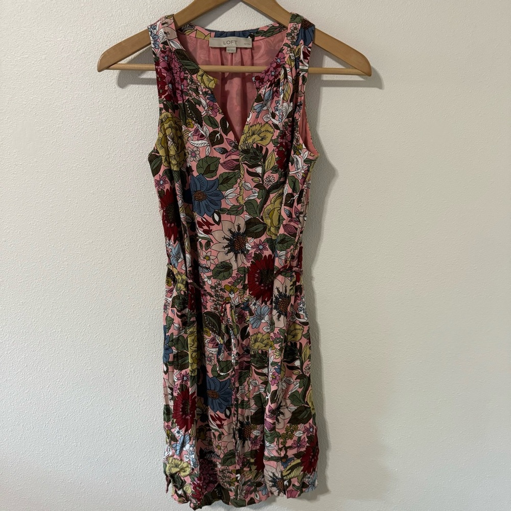 LOFT Retro Floral Sleeveless Mini Shift Dress Pink Multicolor V Neck Tie-XSP